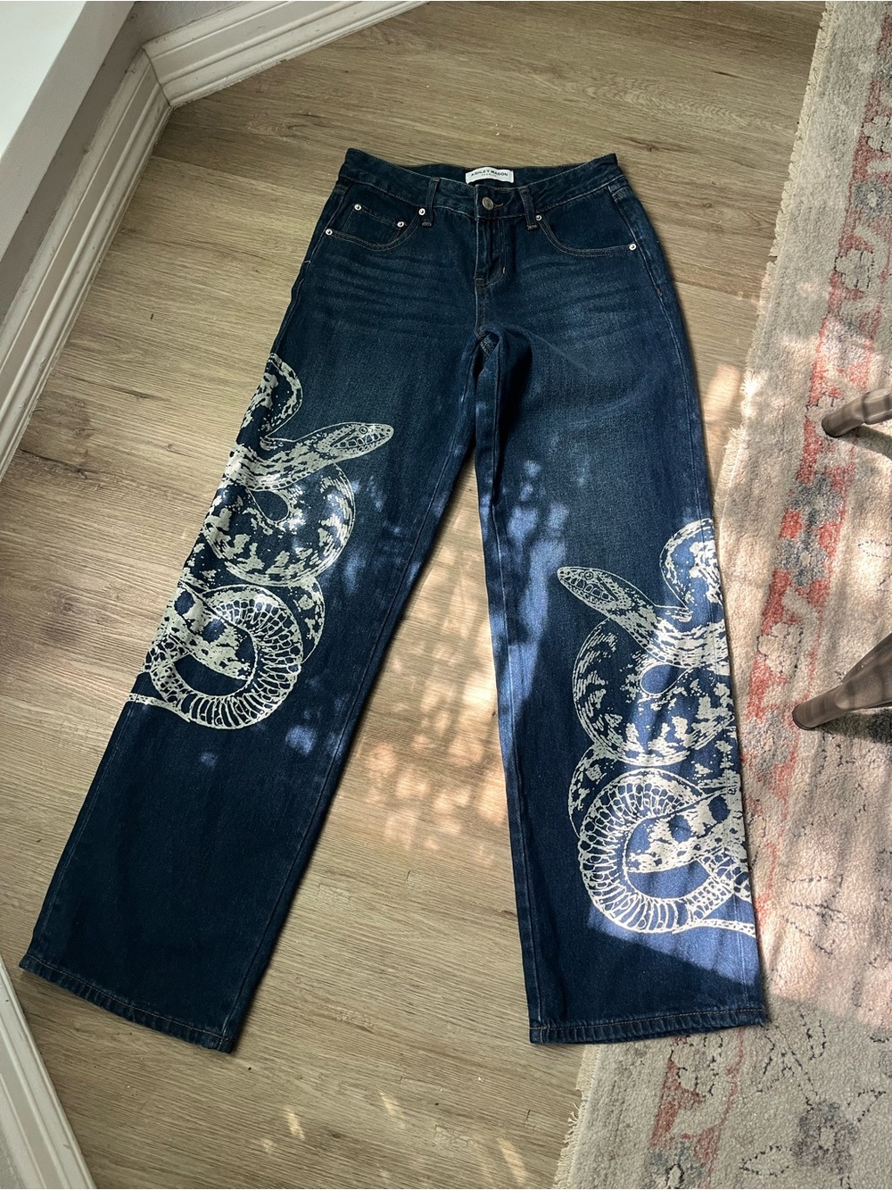 Ashley Mason Dark Blue Wide-Leg Jeans with White Snake Print